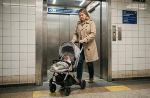 Femme poussant une poussette dans un ascenseur du métro parisien, solution d'accessibilité pour familles avec enfants
