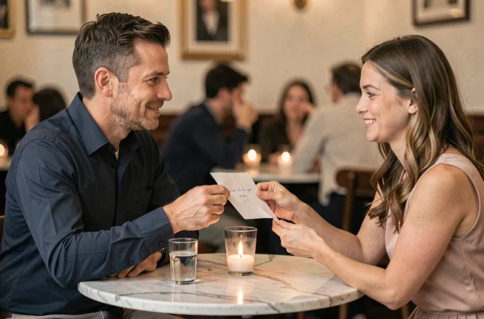 Homme tendant un message de compliment sincère à une femme attablée en face de lui