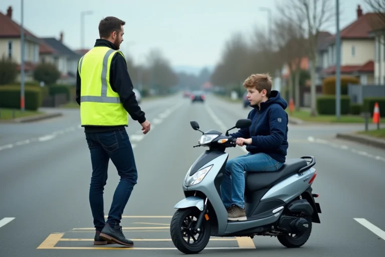 Jeune adolescent sur un scooter lors d'une session pratique du BSR avec un moniteur dans un parking de formation