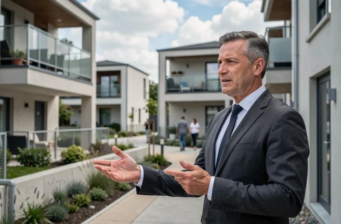 Agent immobilier en costume présentant un programme neuf de logements modernes en banlieue française
