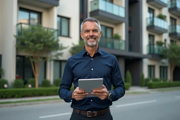 Agent immobilier tenant une tablette devant un immeuble moderne en milieu urbain