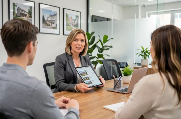 Agente immobilière conseillant un couple dans une agence moderne lors d'un rendez-vous immobilier