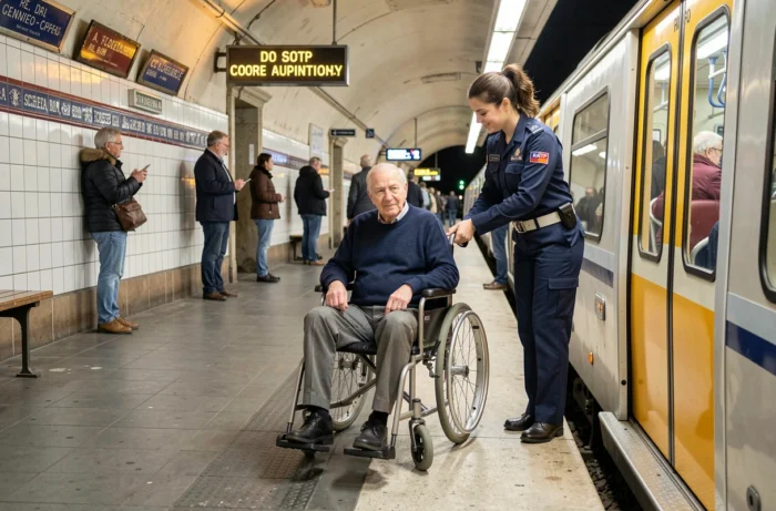 Agent RATP aidant une personne en fauteuil roulant à monter dans le métro parisien grâce à une rampe d'accès