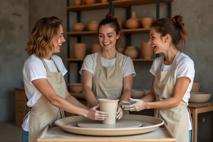 Groupe d'amis riant autour d'un tour de poterie dans un atelier de céramique contemporain, nouvelle tendance loisirs créatifs 2024