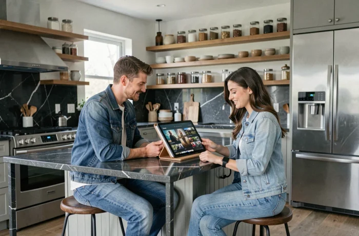 Deux amis qui évaluent ensemble un site de streaming de séries sur une tablette dans une cuisine moderne