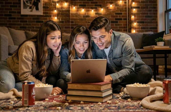 Groupe d'amis réunis pour regarder une série sur tablette dans un appartement convivial avec décor de soirée cinéma