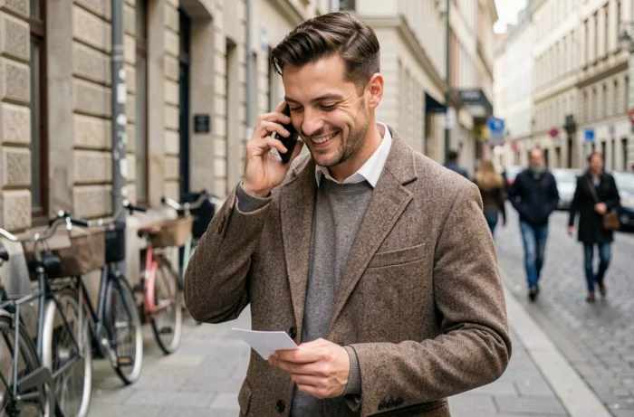 Homme appelant un ami pour lui dire merci spontanément suite à un message de cocotte en papier