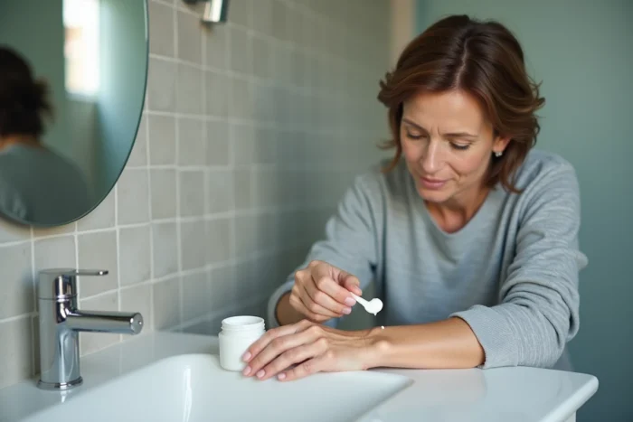 Femme appliquant de la pommade Saint Louis sur son avant-bras dans une salle de bain