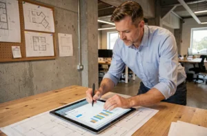 Architecte promoteur immobilier utilisant un logiciel de gestion des coûts de construction sur tablette avec plans de chantier