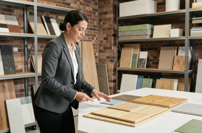Architecte féminine examinant des matériaux de construction durables et innovants dans un studio de design