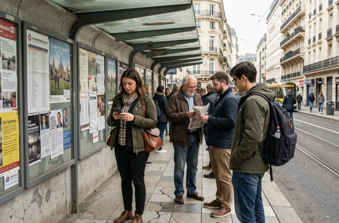 Arrêt de tram dans un quartier populaire de Lyon avec des habitants en attente