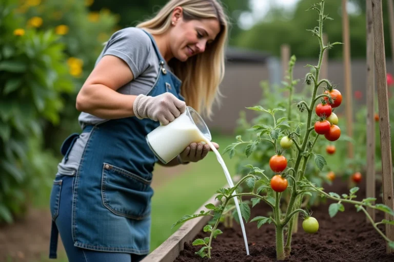 Femme arrosant des plants de tomates avec du lait dans un potager surélevé
