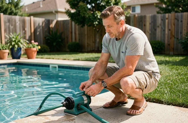 Homme installant une pompe de circulation dans une piscine de jardin résidentielle