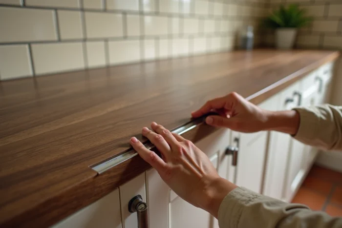 Pose d'une baguette de finition PVC pour combler l'espace entre carrelage mural et plan de travail en stratifié