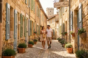 Couple se promenant dans une rue pavée du vieux Montélimar avec des bâtiments en pierre et une boutique de nougat
