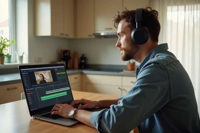 Parent créant un diaporama d'anniversaire personnalisé avec une bande-son musicale sur ordinateur portable dans une cuisine