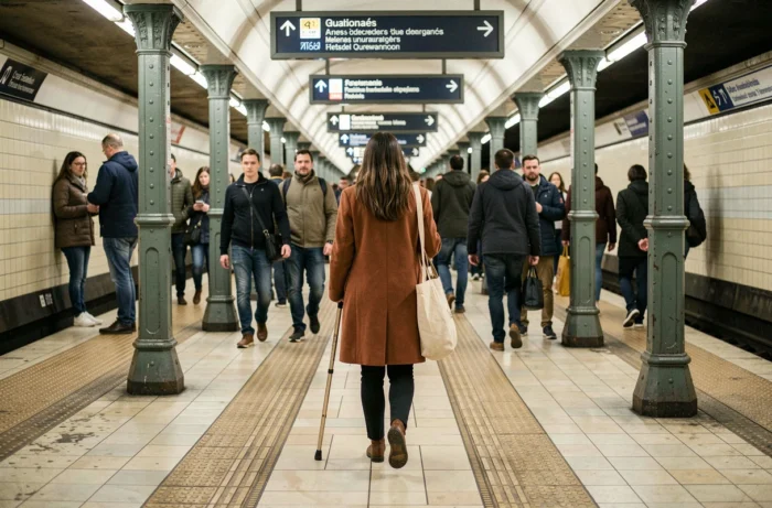 Personne malvoyante utilisant les bandes podotactiles dans un couloir du métro parisien pour se déplacer en autonomie
