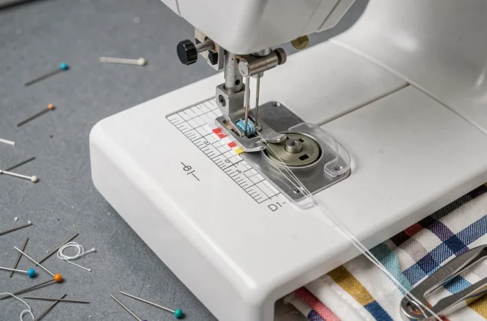 Gros plan sur la zone d'aiguille de la Bernette Sew and Go 8 pendant la couture d'un tissu rayé avec détails mécaniques