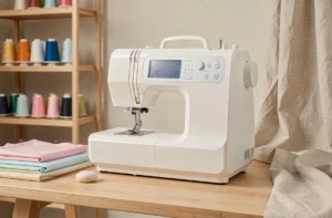 Machine à coudre Bernette Sew and Go 8 posée sur un plan de travail en bois dans un atelier de couture domestique