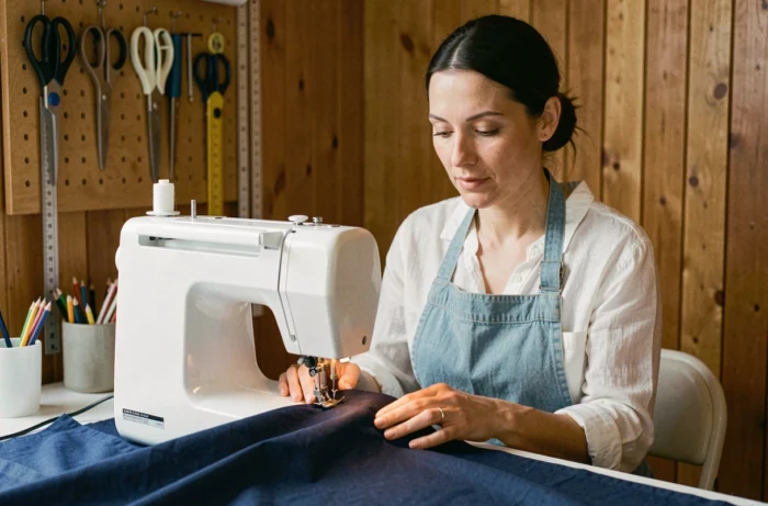 Femme utilisant la machine à coudre Bernette Sew and Go 8 pour coudre du tissu en coton dans un atelier couture maison