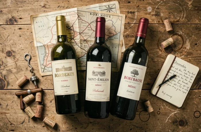 Bouteilles de vins de Bordeaux avec carte des appellations et notes de dégustation sur table en bois
