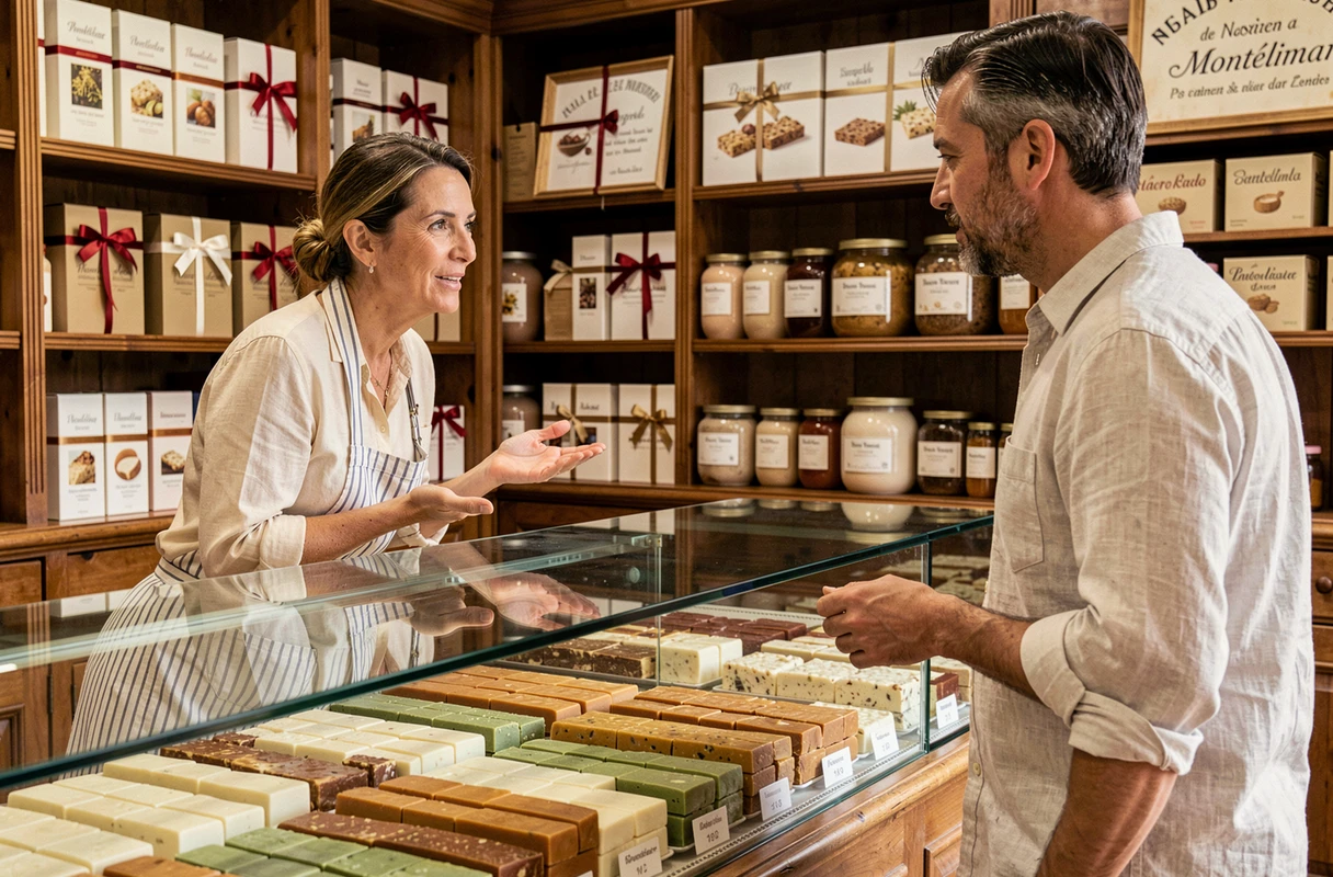 Vendeuse présentant des nougats artisanaux dans une confiserie traditionnelle de Montélimar
