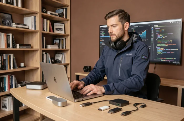 Homme dans un bureau à domicile moderne entouré d'appareils high-tech incluant un laptop IA et des accessoires connectés