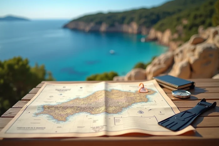 Carte nautique détaillée du nord de la Corse avec annotations de sites de plongée posée sur une terrasse en pierre surplombant la mer
