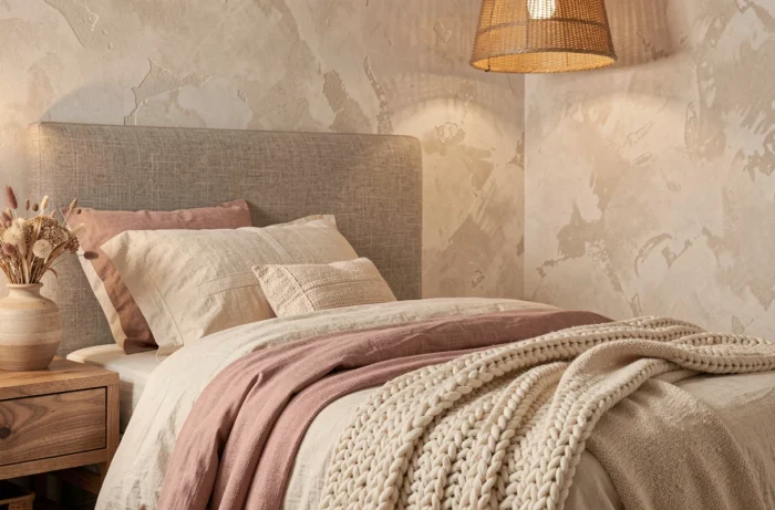 Coin chambre cosy avec tête de lit en lin, literie texturée en tons crème et rose poudré, table de nuit en noyer et mur en badigeon pour une décoration intérieure douce et tendance