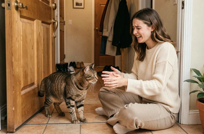 Chat perdu qui revient à la maison accueilli par sa propriétaire soulagée