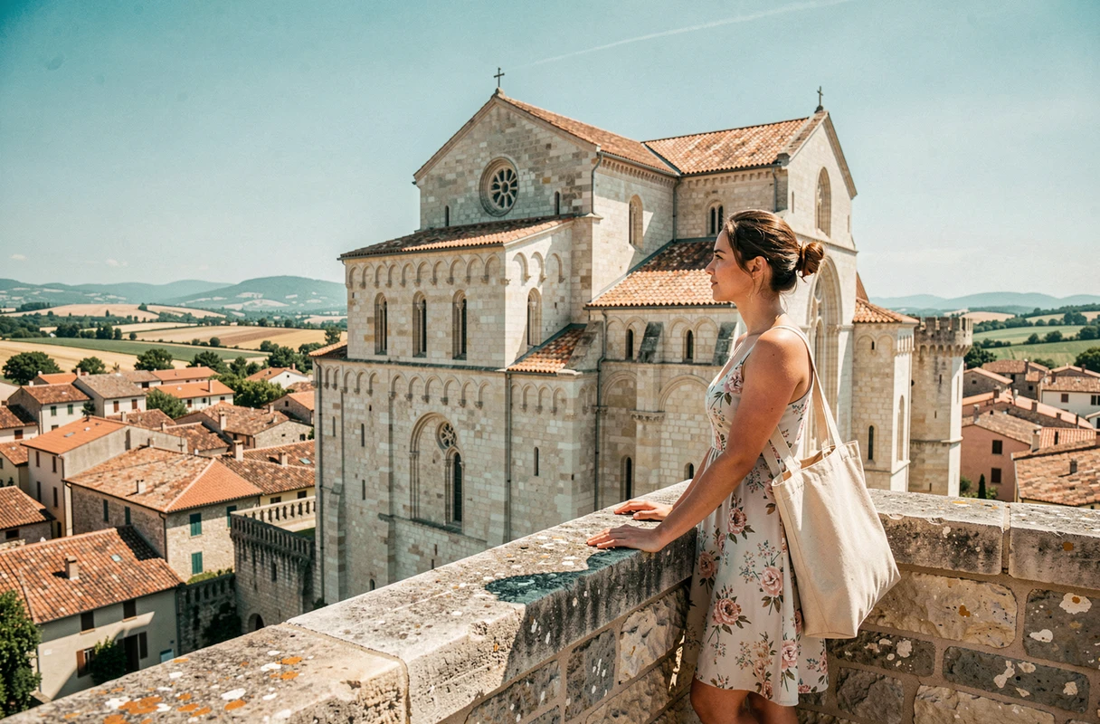 Voyageuse admirant le château des Adhémar depuis la terrasse panoramique avec vue sur les toits de Montélimar