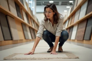 Cliente examinant des échantillons de moquette dans un magasin Saint Maclou, comparant les textures de revêtements de sol