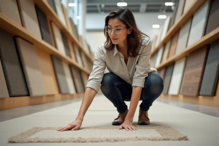 Cliente examinant des échantillons de moquette dans un magasin Saint Maclou, comparant les textures de revêtements de sol