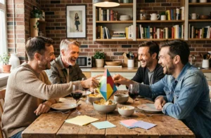 Groupe d'adultes autour d'une table jouant avec une cocotte en papier colorée