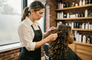 Coiffeuse spécialiste des cheveux bouclés au travail dans le salon Thomas Tuccinardi à Lyon