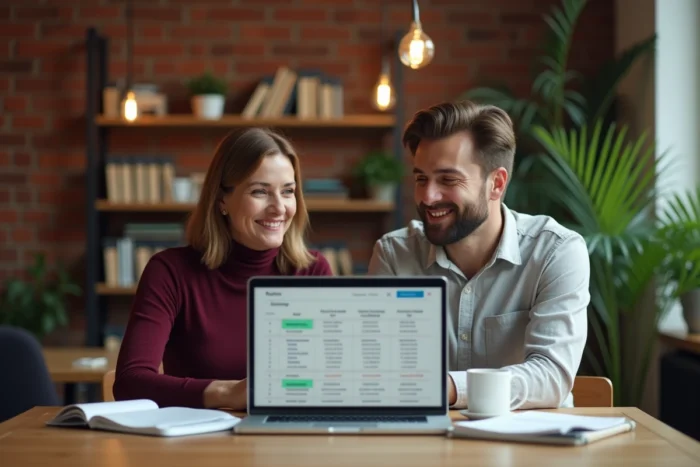 Deux collègues collaborant sur une stratégie SEO avec des KPI essentiels affichés sur un ordinateur portable dans un espace de coworking