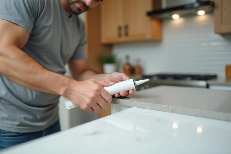 Comblement d'un espace entre mur et plan de travail en quartz avec du silicone dans une cuisine moderne