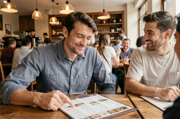 Homme commandant un dessert les yeux fermés sur la carte au restaurant après un défi de cocotte en papier