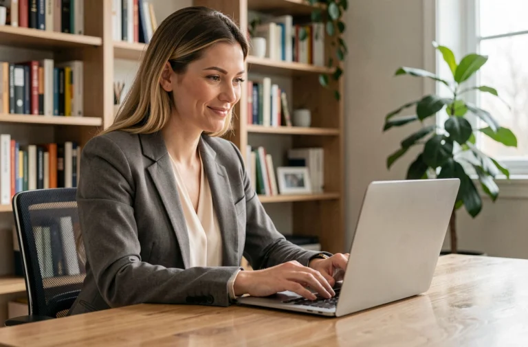 Femme confirmant sa venue à un événement en répondant à une invitation par email sur son ordinateur portable dans un bureau moderne