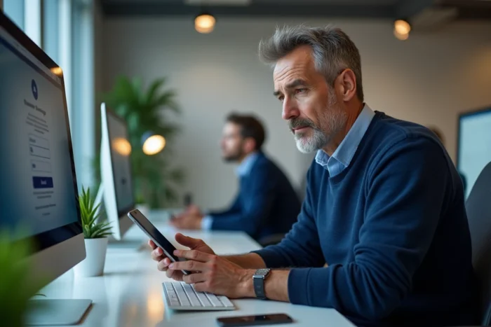 Homme d'âge mûr consultant un guide de connexion bancaire Alis BNP Paribas sur ordinateur de bureau au bureau