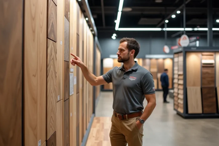 Conseiller Saint Maclou présentant un large choix de parquet et revêtements stratifiés sur un mur d'exposition en magasin