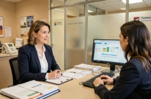 Conseillère bancaire de La Banque Postale discutant de la gestion de compte avec une cliente dans une agence à La Source, Orléans