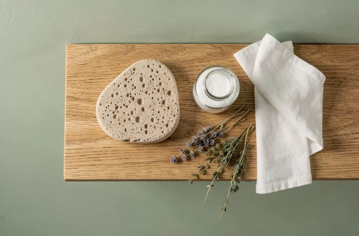 Pierre ponce posée sur une étagère en bois avec du bicarbonate de soude et un linge blanc pour l'entretien et la conservation