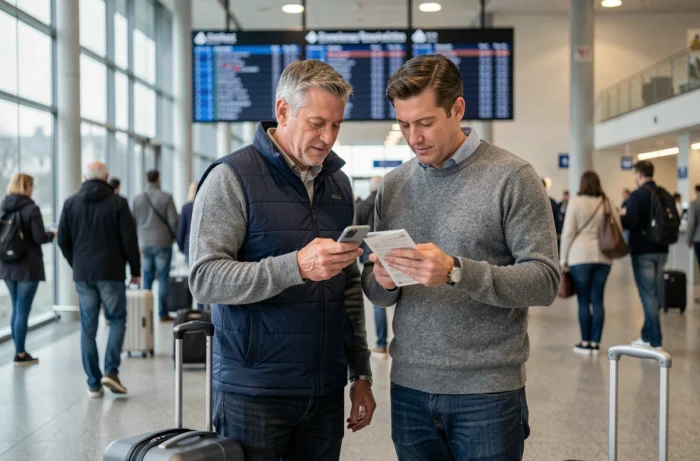 Couple consultant un itinéraire de voyage sur smartphone dans un aéroport, départ optimisé grâce aux ponts de jours fériés 2026