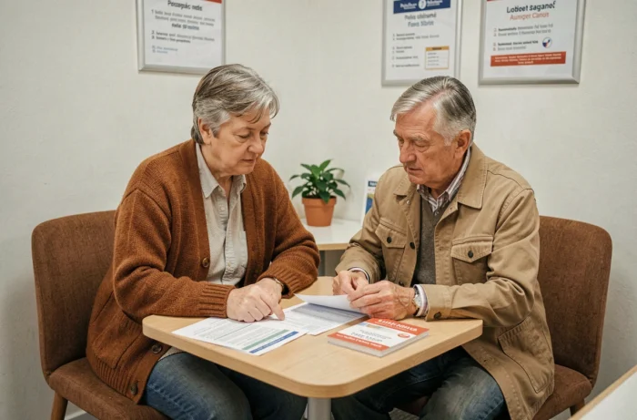 Couple examinant leurs relevés de compte et leur livret d'épargne dans une agence de La Banque Postale à La Source, Orléans 45900