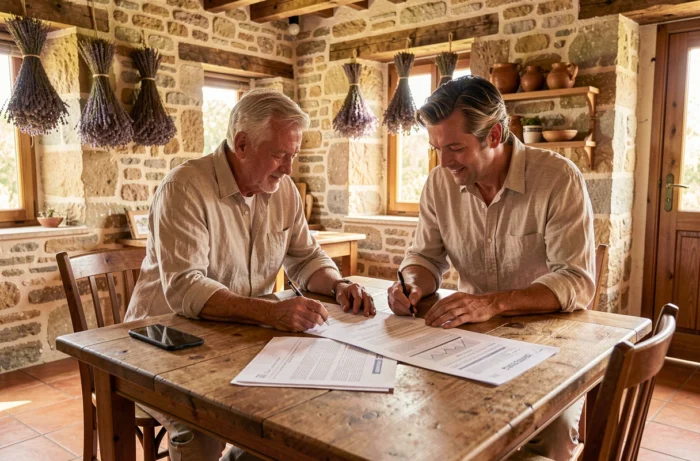Couple étudiant des documents immobiliers dans une maison de campagne française rénovée avec murs en pierre apparente