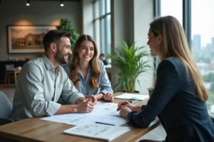 Un couple discutant de leur projet immobilier avec un agent dans une agence moderne