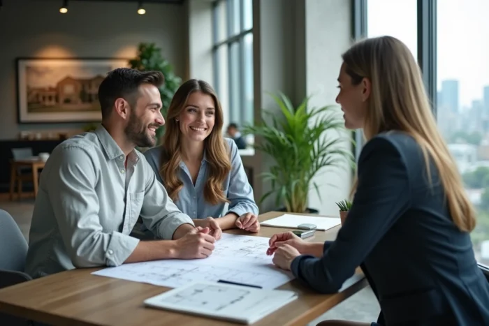 Un couple discutant de leur projet immobilier avec un agent dans une agence moderne