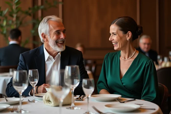 Couple de seniors raffinés partageant un dîner dans un restaurant gastronomique, symbolisant une relation épanouie et sans compromis après 60 ans