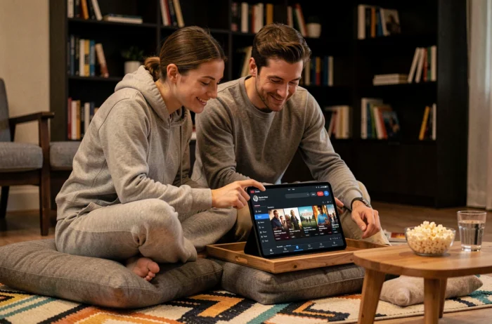 Couple regardant ensemble un film en français en streaming gratuit sur une tablette dans un salon moderne